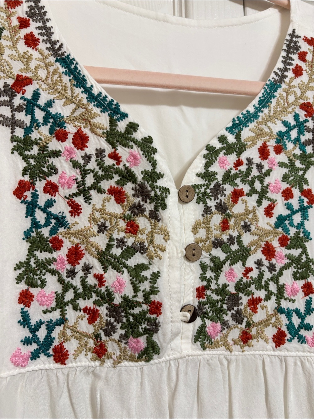 White Embroidered Mini Dress with Multicolor Floral Yoke and Contrast Hem - Picture 9 of 11